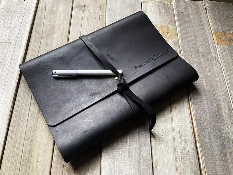 A4 Personalized Black Leather Wrap Journal