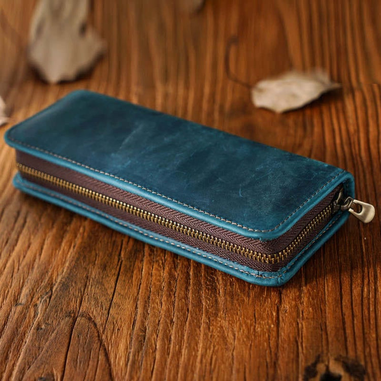blue leather pencil case box