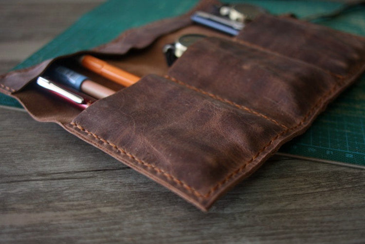 handmade leather pen sleeve bag
