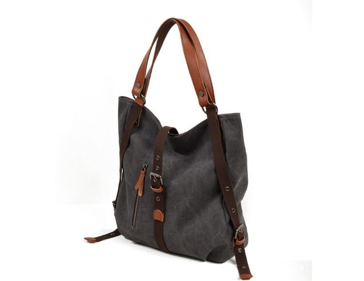 women's grey waxed canvas tote shoulder bag with leather handles