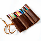 Mens School Leather Pencil Case Pen Roll