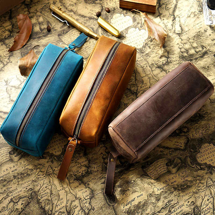 Mens Practical Leather Pencil Case Pen Bag Box