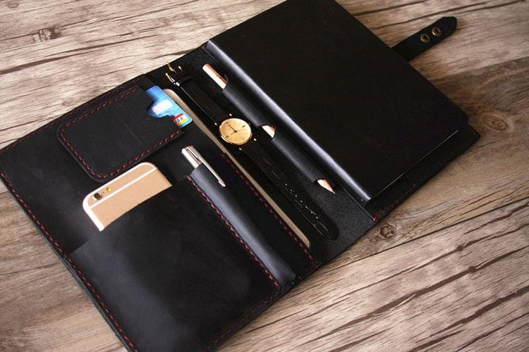 personalized black leather portfolio