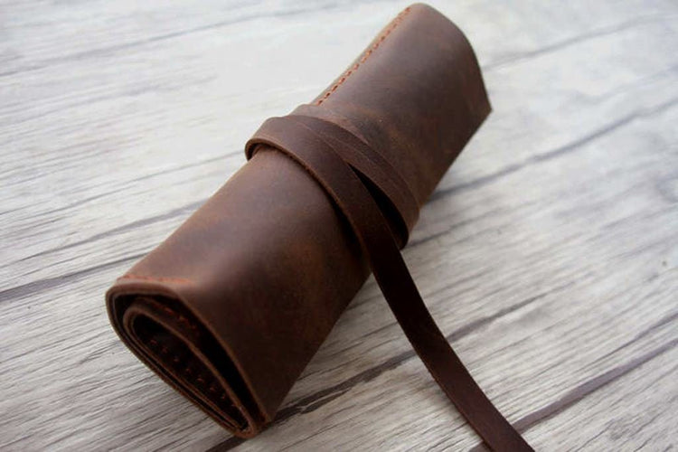 rustic brown leather pencil roll