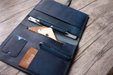 blue zippered leather portfolio