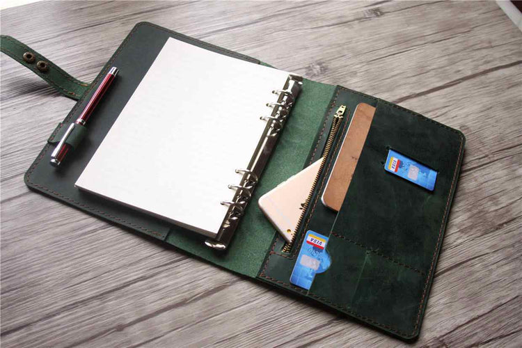 custom dark green leather refillable binder journal