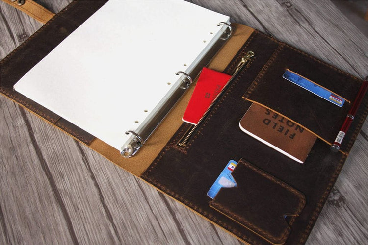 distressed brown leather three ring binder