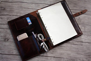 brown leather organizer with binder
