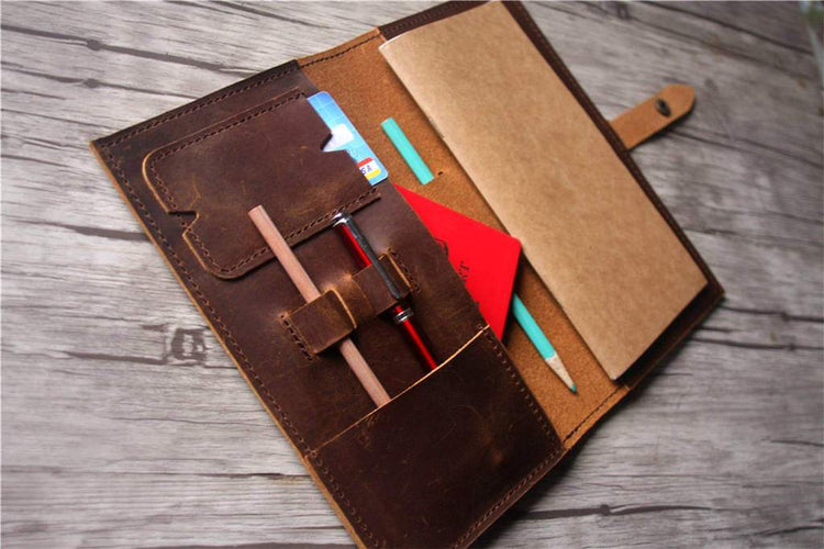 customized brown leather travelers notebook journal with pen holder