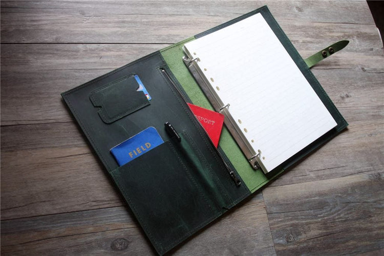 handmade green leather binder organizer