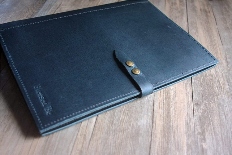 custom blue leather organizer with embossed words