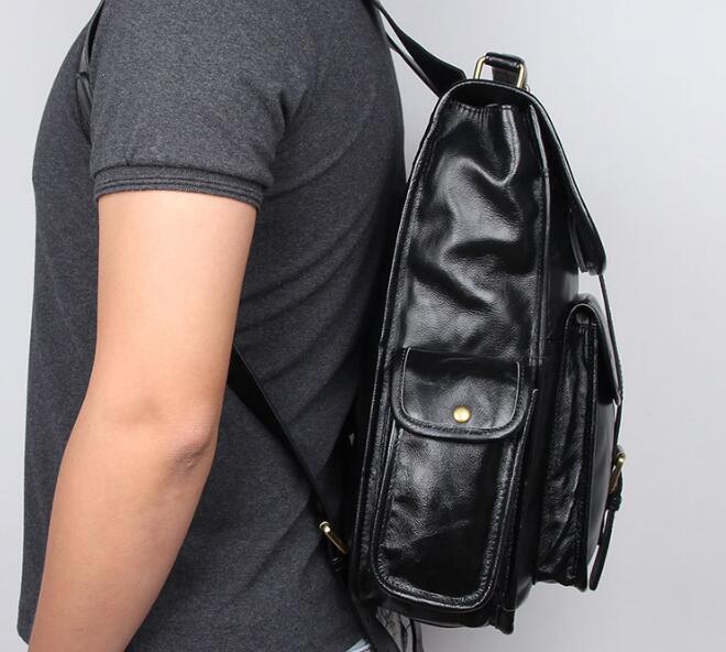 backpack black small leather Men's Black Leather Laptop Backpack Bag