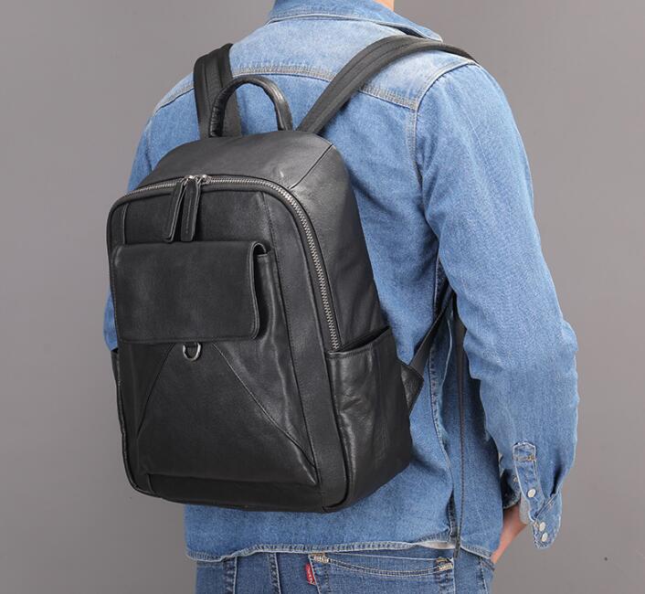 black leather backpack men minimal Simple large black leather backpack wallet bag