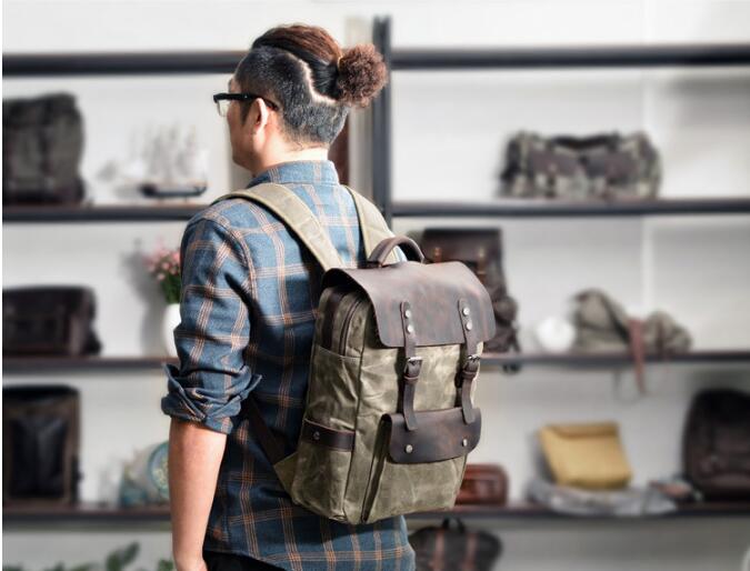 cotton canvas mini backpack brown green black Wax canvas and leather backpack green brown grey – LeatherNeo