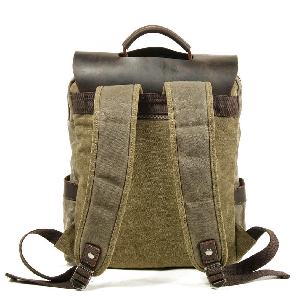 craftsman dark green canvas with leather trim backpack Wax canvas and leather backpack green brown grey – LeatherNeo