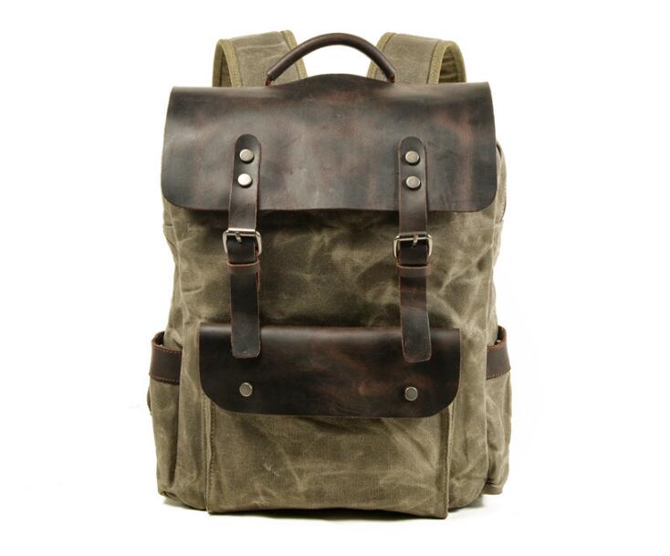 craftsman dark green canvas with leather trim backpack Wax canvas and leather backpack green brown grey – LeatherNeo