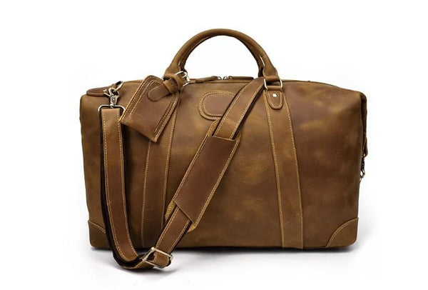 cross body travel bag for men Men Leather Weekender Bag with Laptop Compartment, Brown