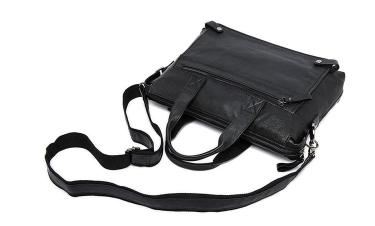 black designer leather messenger bag