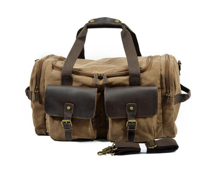 brown leather canvas luggage bag