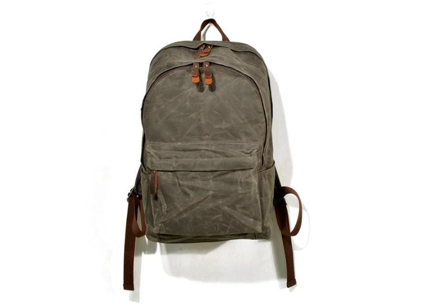 Men's Waxed Canvas Backpack Bag Mixed Leather Rucksack - Celadon