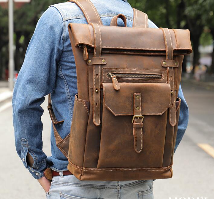 Genuine Brown Leather Backpack Purse Bag For Men