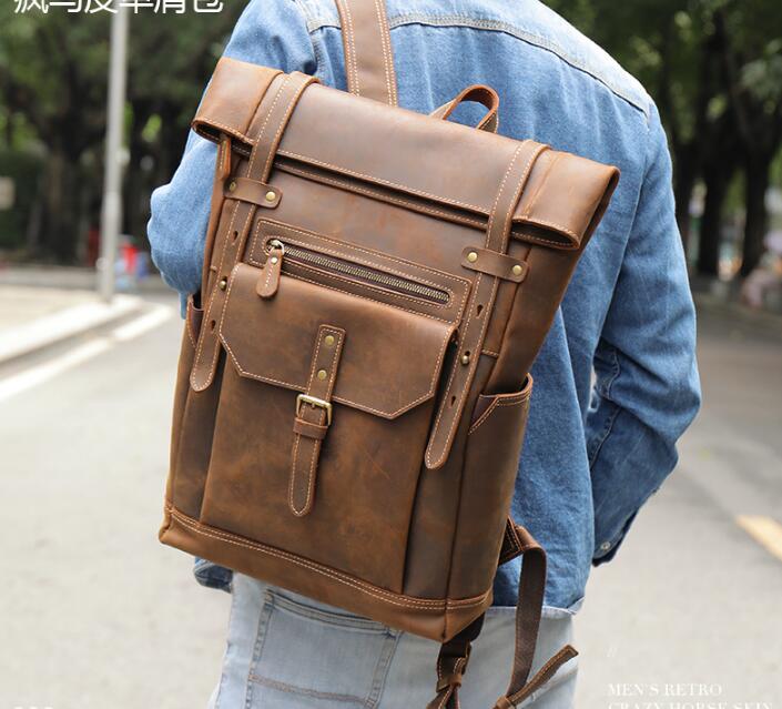 Large Genuine Brown Leather Backpack Purse Bag