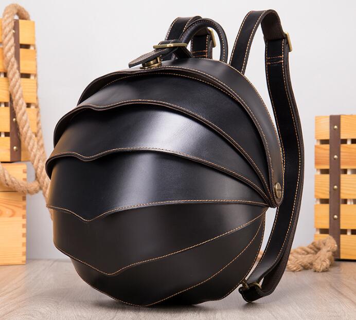 Unique Round Black Leather Backpack Bag