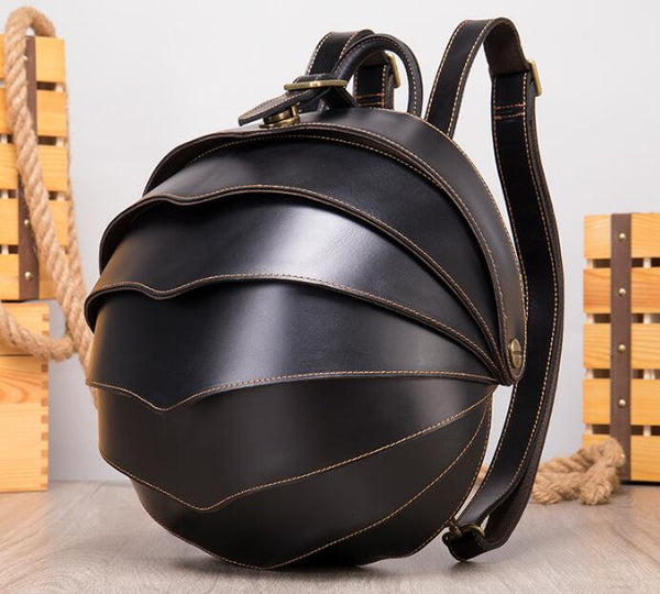 Unique round black leather backpack bag – LeatherNeo