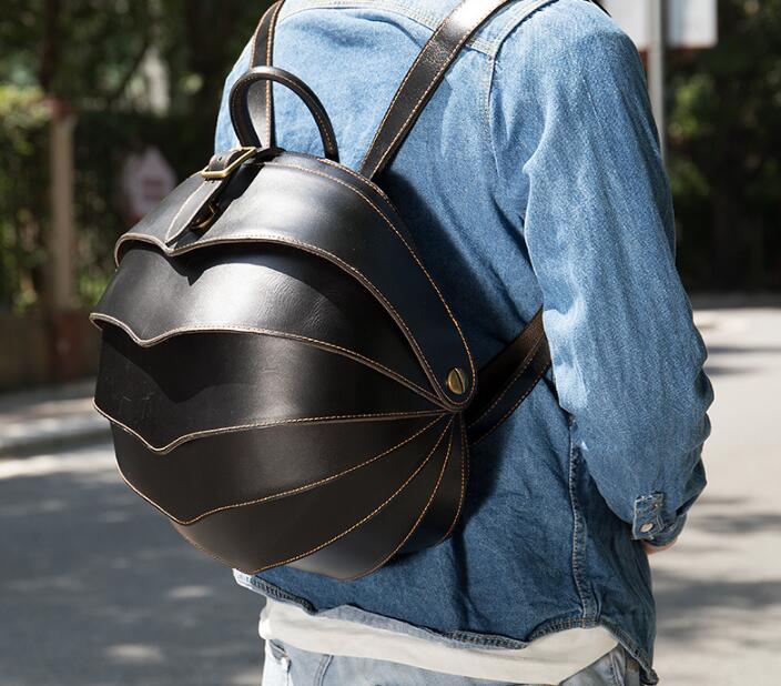Unique Round Black Leather Backpack Bag For Men