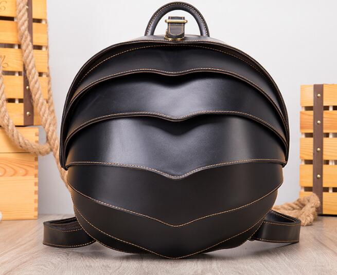 Unique Round Black Leather Backpack Bag - Black