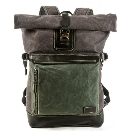 Canvas &amp; Leather Backpack Bag Grau, Grün