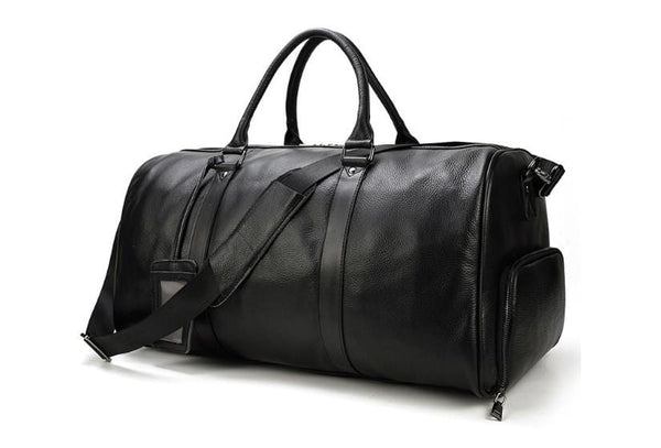 mens and womens black leather weekender bag