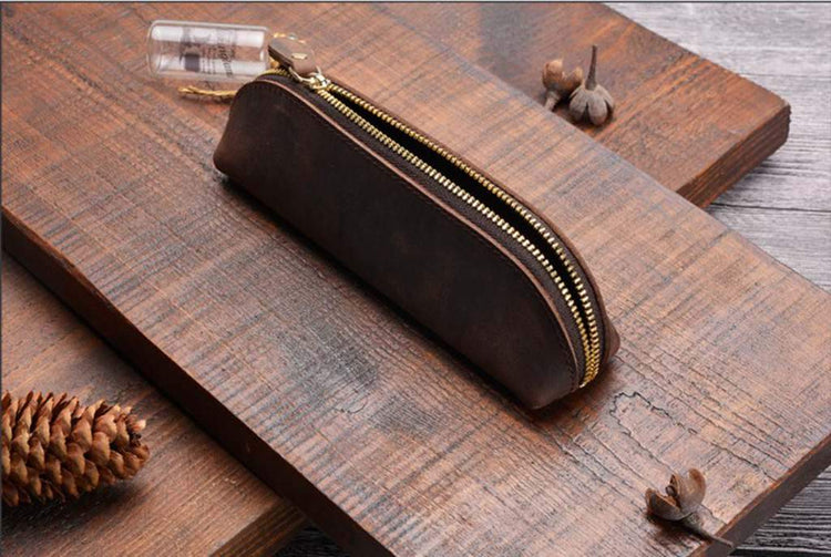 handmade leather brown pen bag