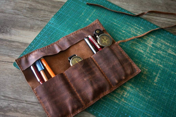  Rustic Genuine Leather Pencil Roll - Pen and Pencil Case - Dark  Brown : Arts, Crafts & Sewing