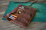 brown leather pencil roll pouch