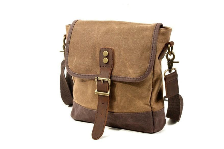 Men's Khaki Waxed Canvas Messenger Shoulder Bag 