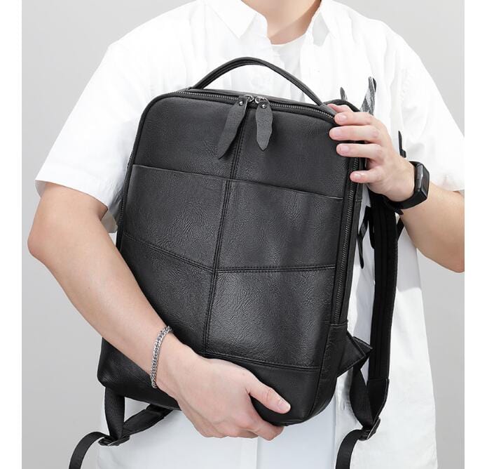 Mens Travel Black Leather Backpack Purse Bag