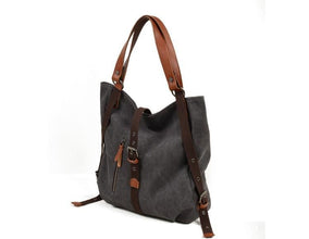 women's grey waxed canvas tote shoulder bag with leather handles