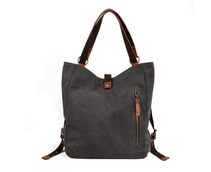 women's grey waxed canvas tote shoulder bag with leather handles