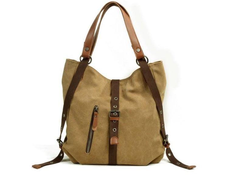 women's khaki waxed canvas tote shoulder bag with leather handles