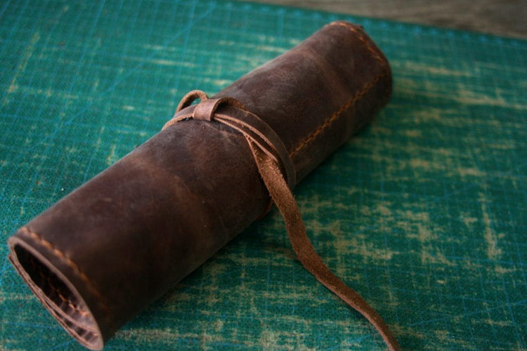 distressed leather pencil roll pouch