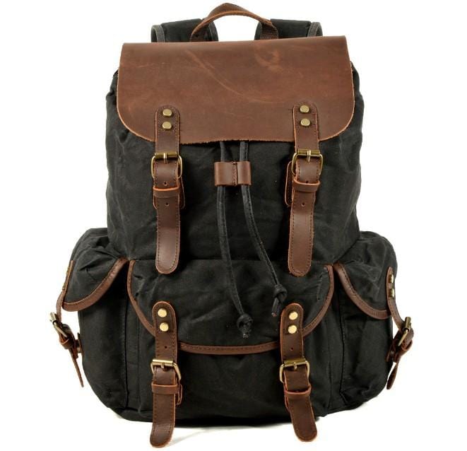 Men's Waxed Canvas Backpack Bag Mixed Leather Rucksack - Celadon