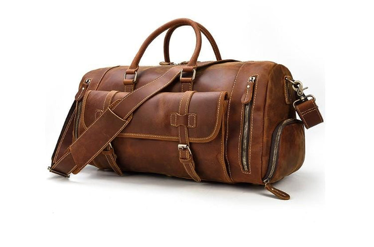 brown leather weekender bag