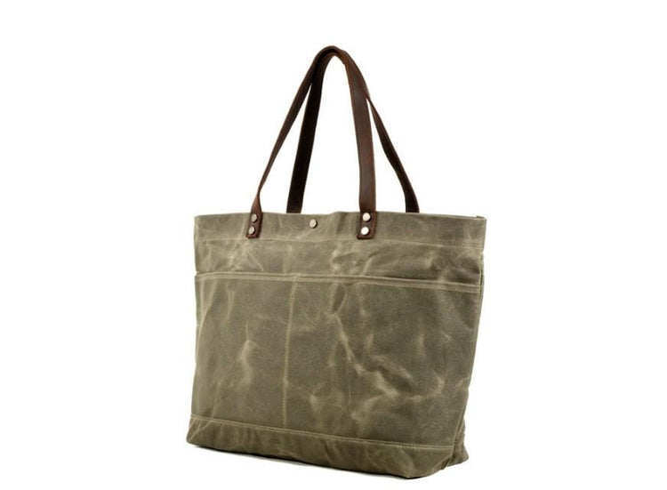 army green canvas shoulder tote bag with leather handles