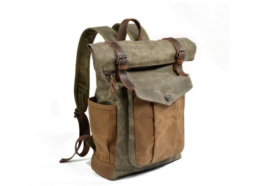 best waxed canvas and leather backpack Waxed Canvas Leather Backpack With Roll Up Top Unisex Waterproof Canvas Travel Rucksack Laptop Backpack Christmas Gifts Army Green