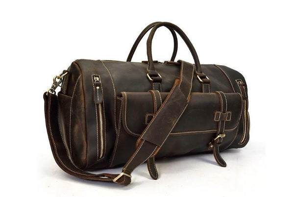 dark brown leather travel weekend bag