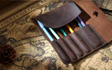 handmade brown leather pencil roll