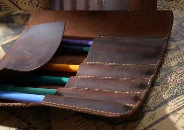 brown leather pencil case