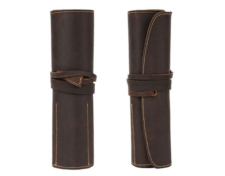 leather pen roll with strap closure