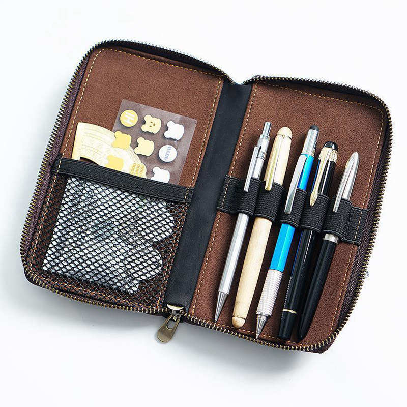 Retro Crazy Horse Leather Zipper Pen Organizer Bag Storage Pencil Pouch -  China Pen Holders, Pen Case
